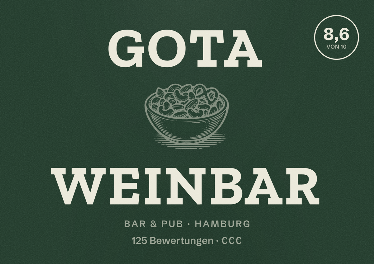 Illustriertes Poster von Gota Weinbar, Bar & Pub in Hamburg: Bewertung 8,6 von 10 aus 125 Bewertungen, Preisniveau €€€