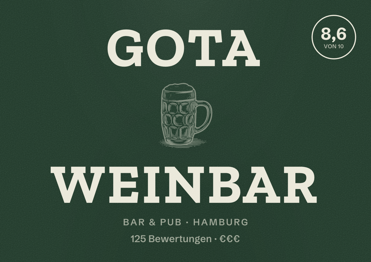 Illustriertes Poster von Gota Weinbar, Bar & Pub in Hamburg: Bewertung 8,6 von 10 aus 125 Bewertungen, Preisniveau €€€