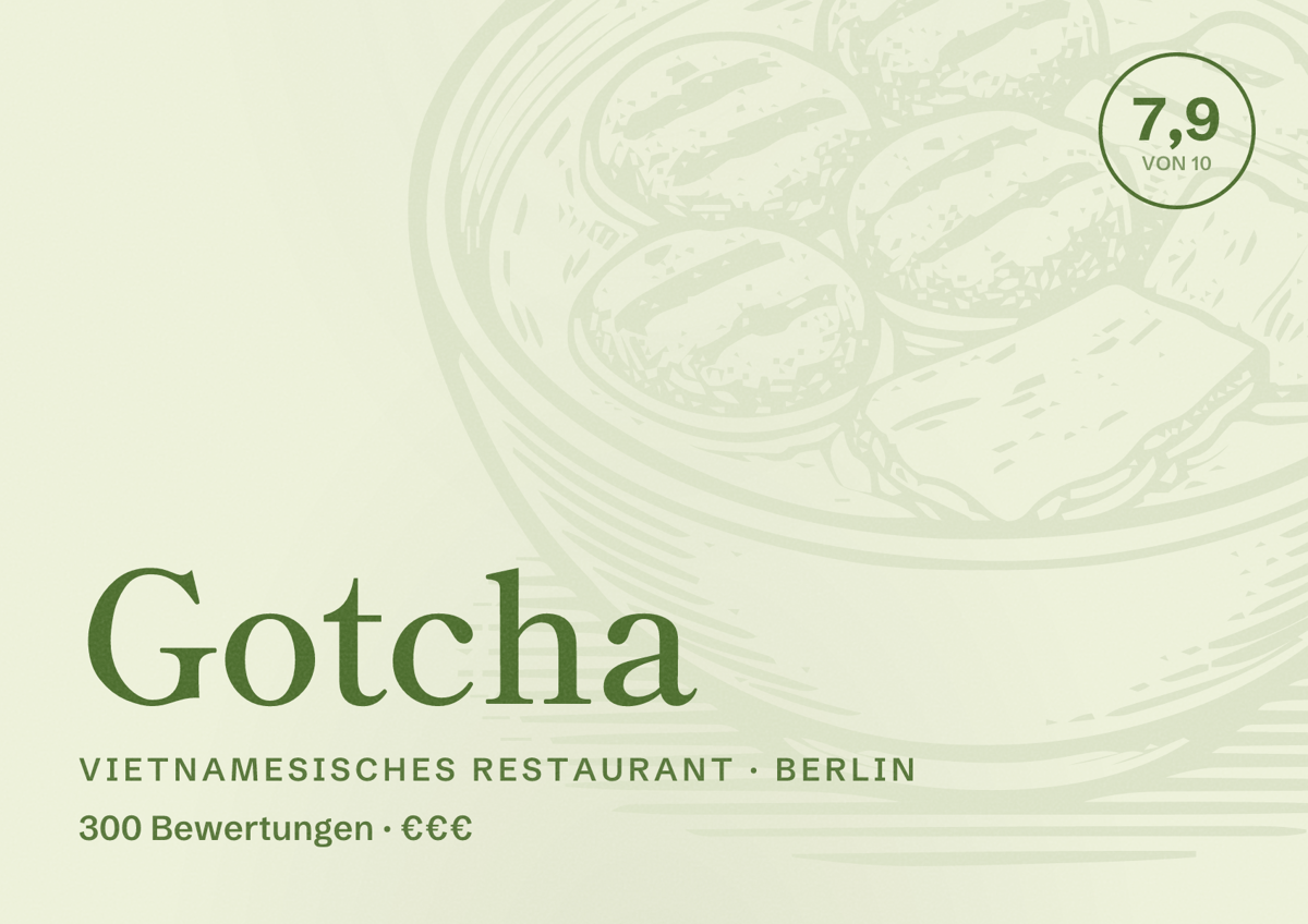 Illustriertes Poster von Gotcha, Vietnamesisches Restaurant in Berlin: Bewertung 7,9 von 10 aus 300 Bewertungen, Preisniveau €€€