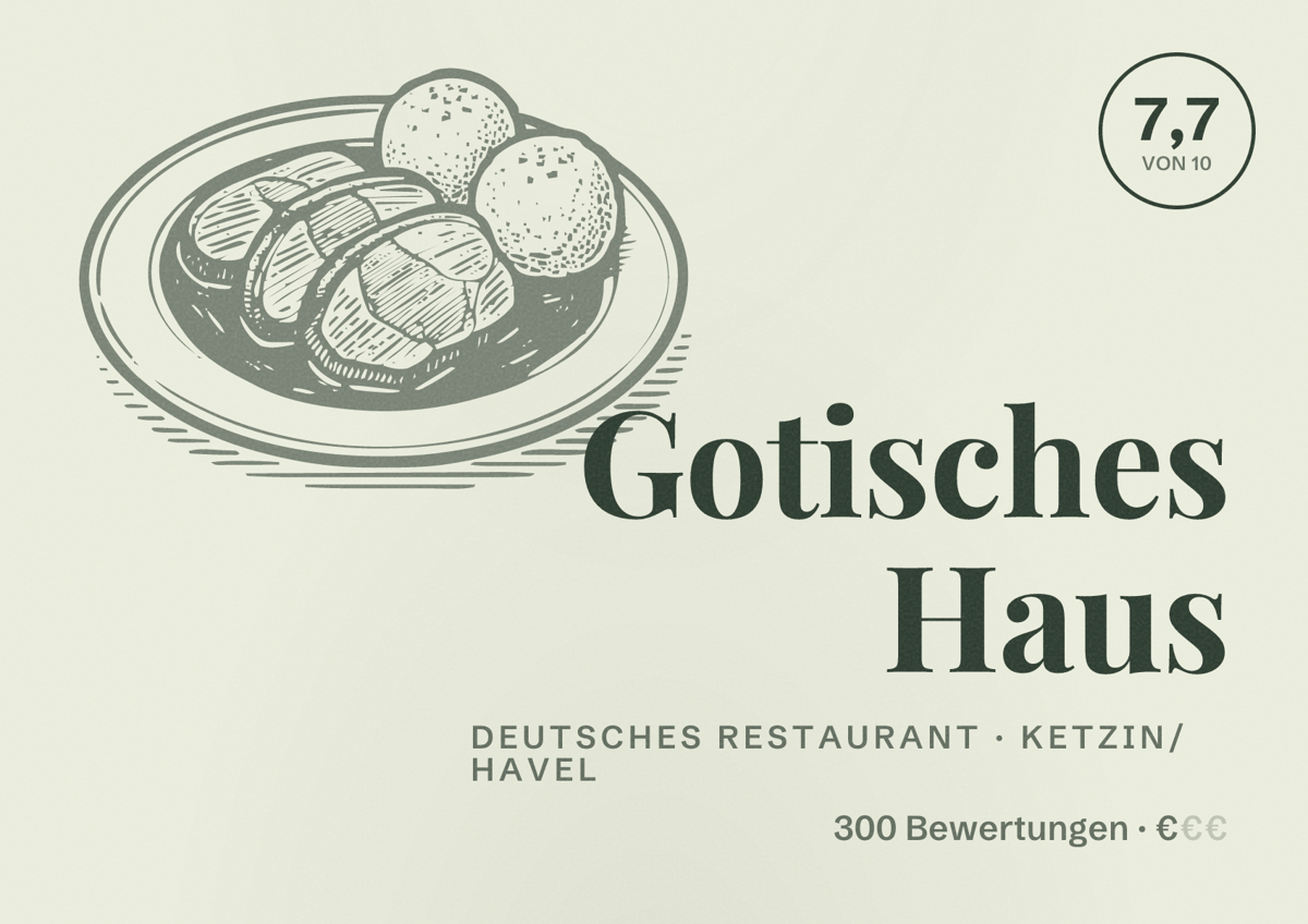 Illustriertes Poster von Gotisches Haus, Deutsches Restaurant in Ketzin/Havel: Bewertung 7,7 von 10 aus 300 Bewertungen, Preisniveau €