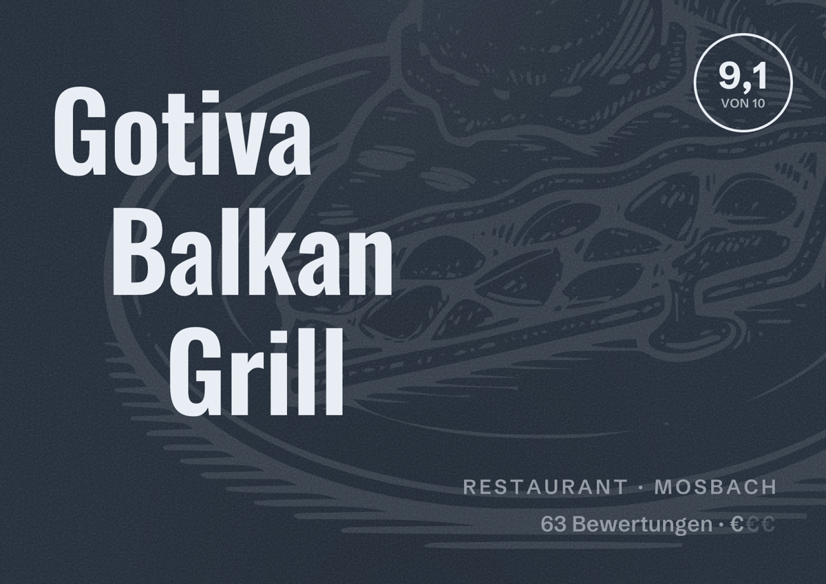 Illustriertes Poster von Gotiva Balkan Grill, Restaurant in Mosbach: Bewertung 9,1 von 10 aus 63 Bewertungen, Preisniveau €