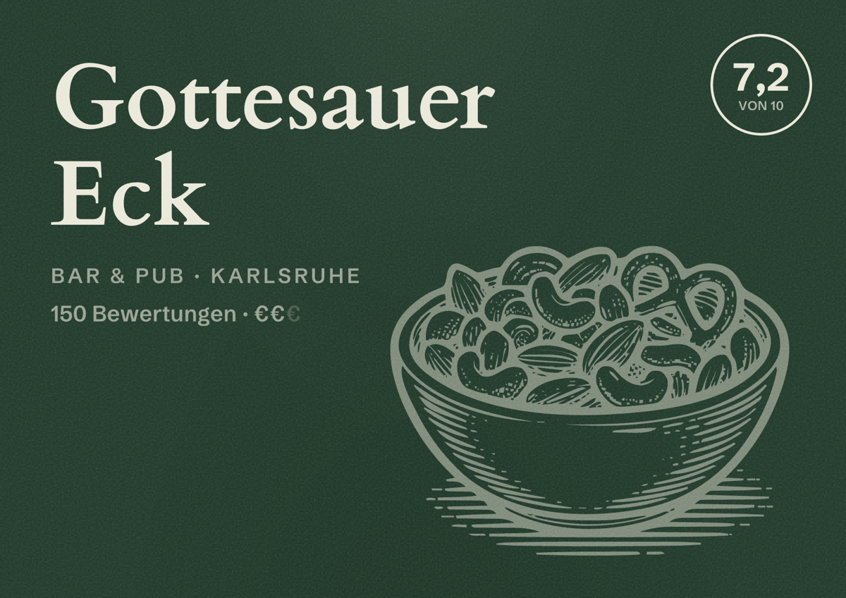 Illustriertes Poster von Gottesauer Eck, Bar & Pub in Karlsruhe: Bewertung 7,2 von 10 aus 150 Bewertungen, Preisniveau €€