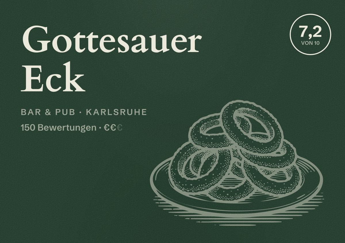 Illustriertes Poster von Gottesauer Eck, Bar & Pub in Karlsruhe: Bewertung 7,2 von 10 aus 150 Bewertungen, Preisniveau €€