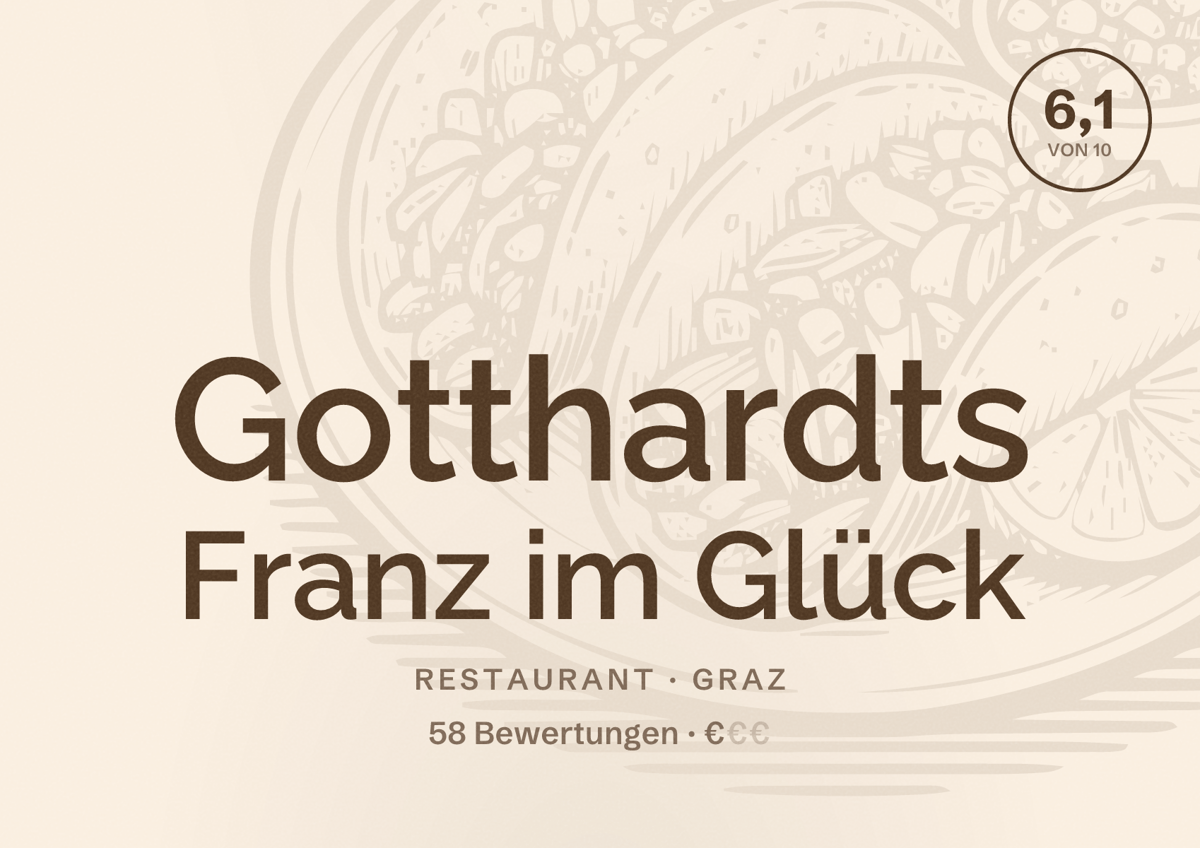 Illustriertes Poster von Gotthardts Franz im Glück, Restaurant in Graz: Bewertung 6,1 von 10 aus 58 Bewertungen, Preisniveau €