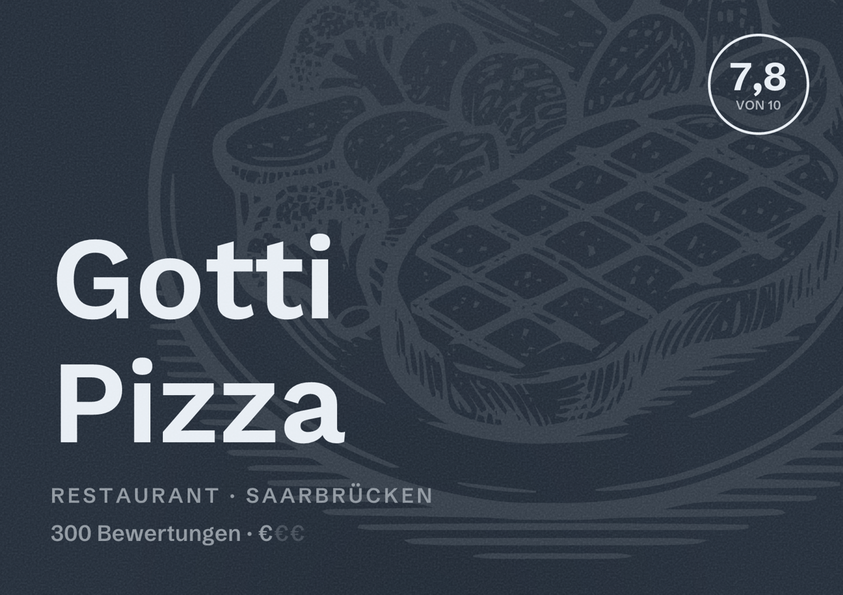 Illustriertes Poster von Gotti Pizza, Restaurant in Saarbrücken: Bewertung 7,8 von 10 aus 300 Bewertungen, Preisniveau €