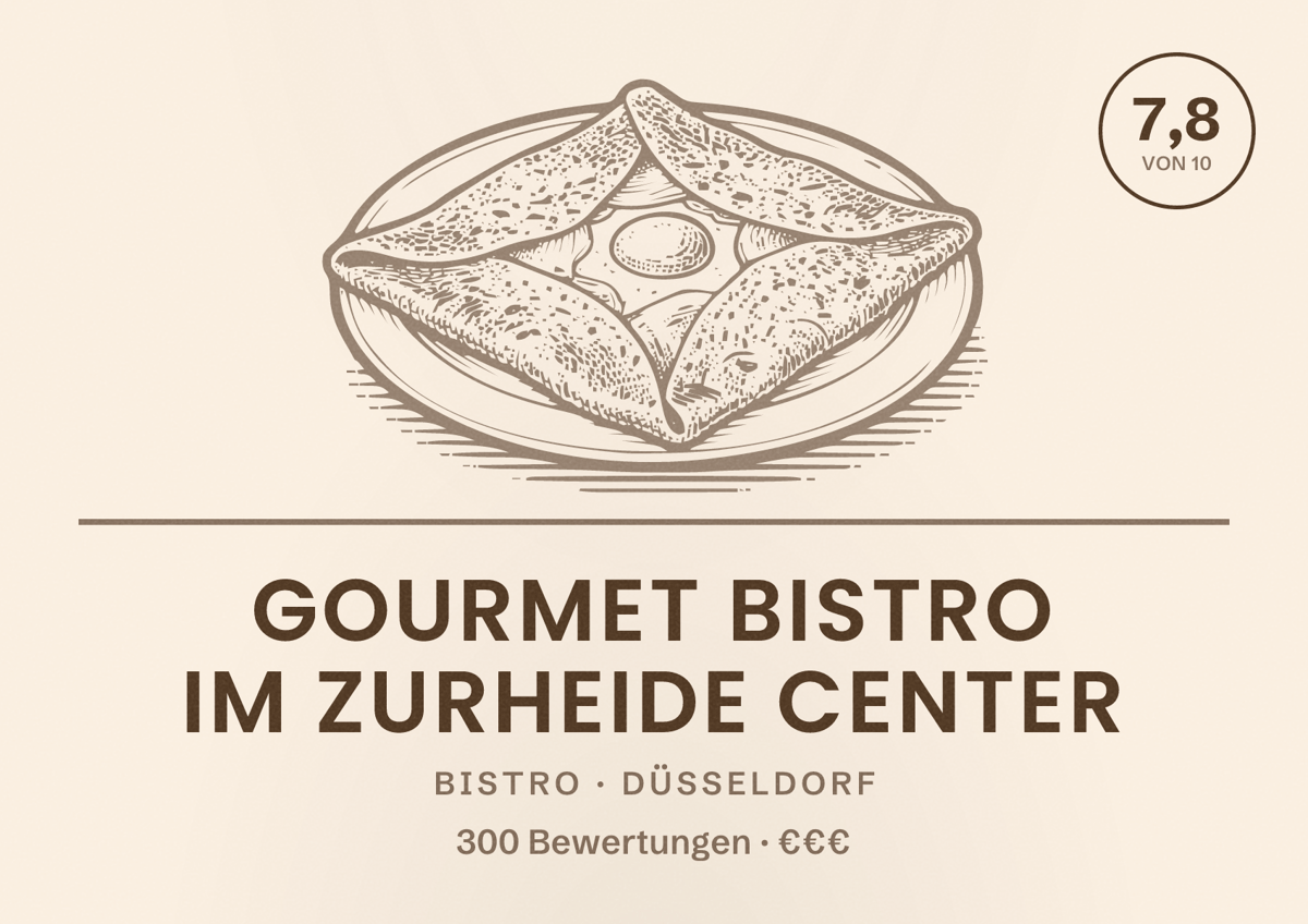 Illustriertes Poster von Gourmet Bistro im Zurheide Center, Bistro in Düsseldorf: Bewertung 7,8 von 10 aus 300 Bewertungen, Preisniveau €€€