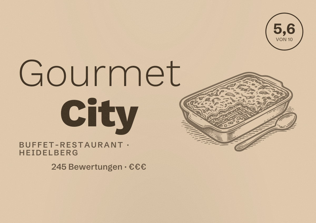 Illustriertes Poster von Gourmet City, Buffet-Restaurant in Heidelberg: Bewertung 5,6 von 10 aus 245 Bewertungen, Preisniveau €€€