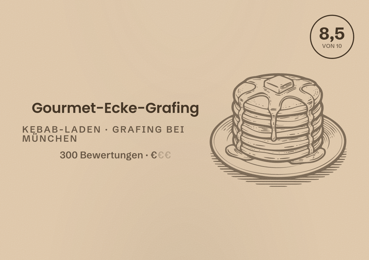Illustriertes Poster von Gourmet-Ecke-Grafing, Kebab-Laden in Grafing bei München: Bewertung 8,5 von 10 aus 300 Bewertungen, Preisniveau €