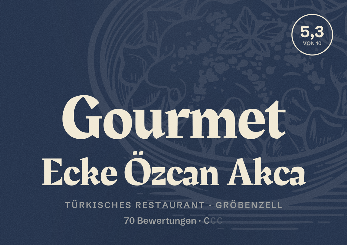 Illustriertes Poster von Gourmet Ecke Özcan Akca, Türkisches Restaurant in Gröbenzell: Bewertung 5,3 von 10 aus 70 Bewertungen, Preisniveau €