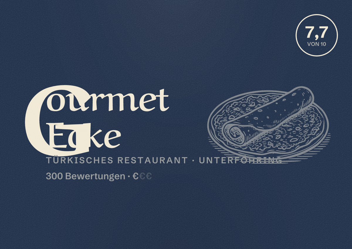Illustriertes Poster von Gourmet Ecke, Türkisches Restaurant in Unterföhring: Bewertung 7,7 von 10 aus 300 Bewertungen, Preisniveau €