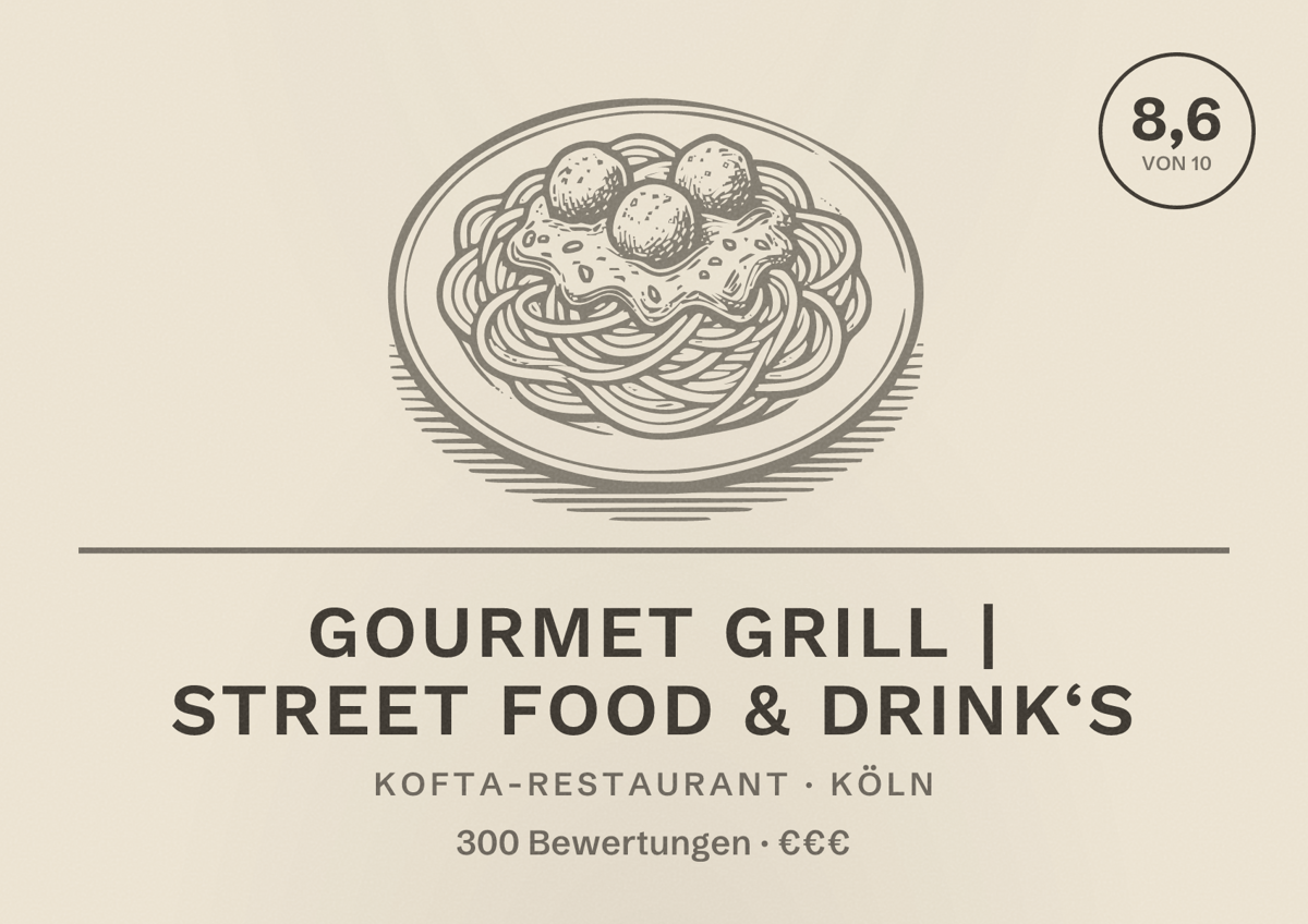 Illustriertes Poster von GOURMET GRILL | Street Food & Drink‘s, Kofta-Restaurant in Köln: Bewertung 8,6 von 10 aus 300 Bewertungen, Preisniveau €€€