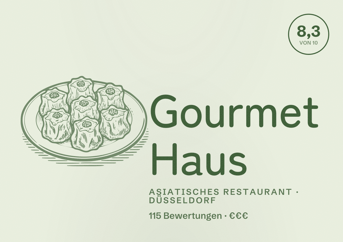 Illustriertes Poster von Gourmet Haus, Asiatisches Restaurant in Düsseldorf: Bewertung 8,3 von 10 aus 115 Bewertungen, Preisniveau €€€