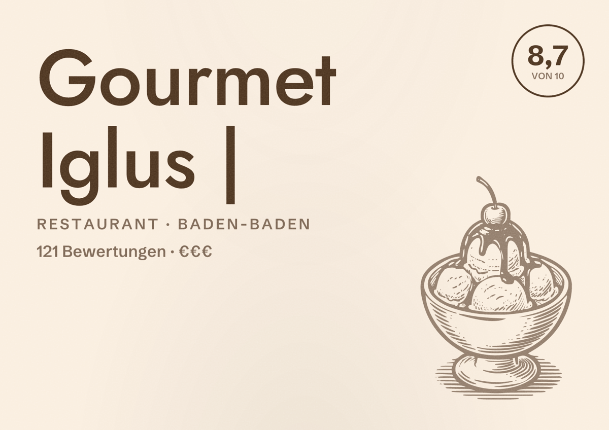 Illustriertes Poster von Gourmet Iglus |, Restaurant in Baden-Baden: Bewertung 8,7 von 10 aus 121 Bewertungen, Preisniveau €€€
