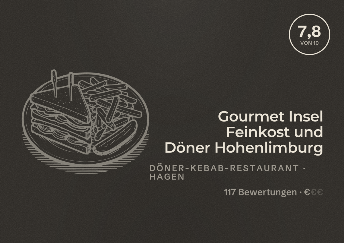 Illustriertes Poster von Gourmet Insel Feinkost und Döner Hohenlimburg, Döner-Kebab-Restaurant in Hagen: Bewertung 7,8 von 10 aus 117 Bewertungen, Preisniveau €