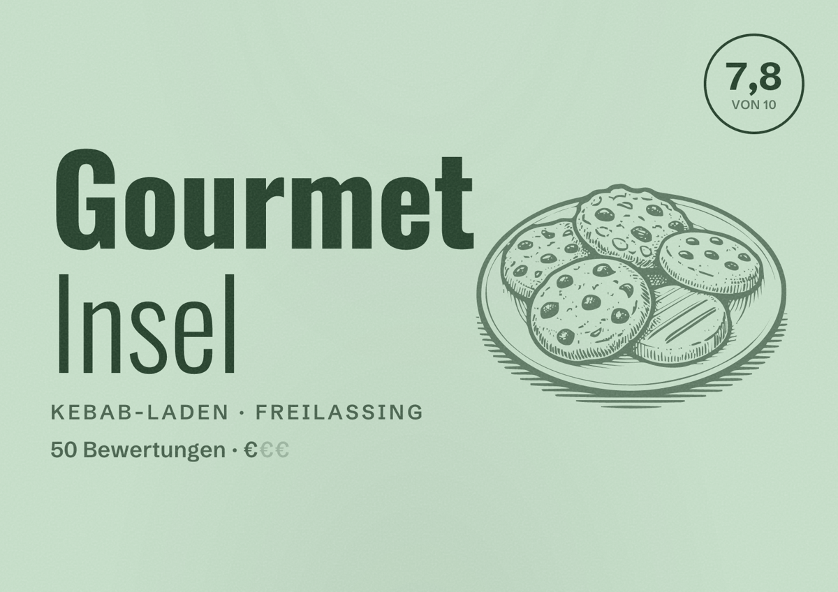 Illustriertes Poster von Gourmet Insel, Kebab-Laden in Freilassing: Bewertung 7,8 von 10 aus 50 Bewertungen, Preisniveau €