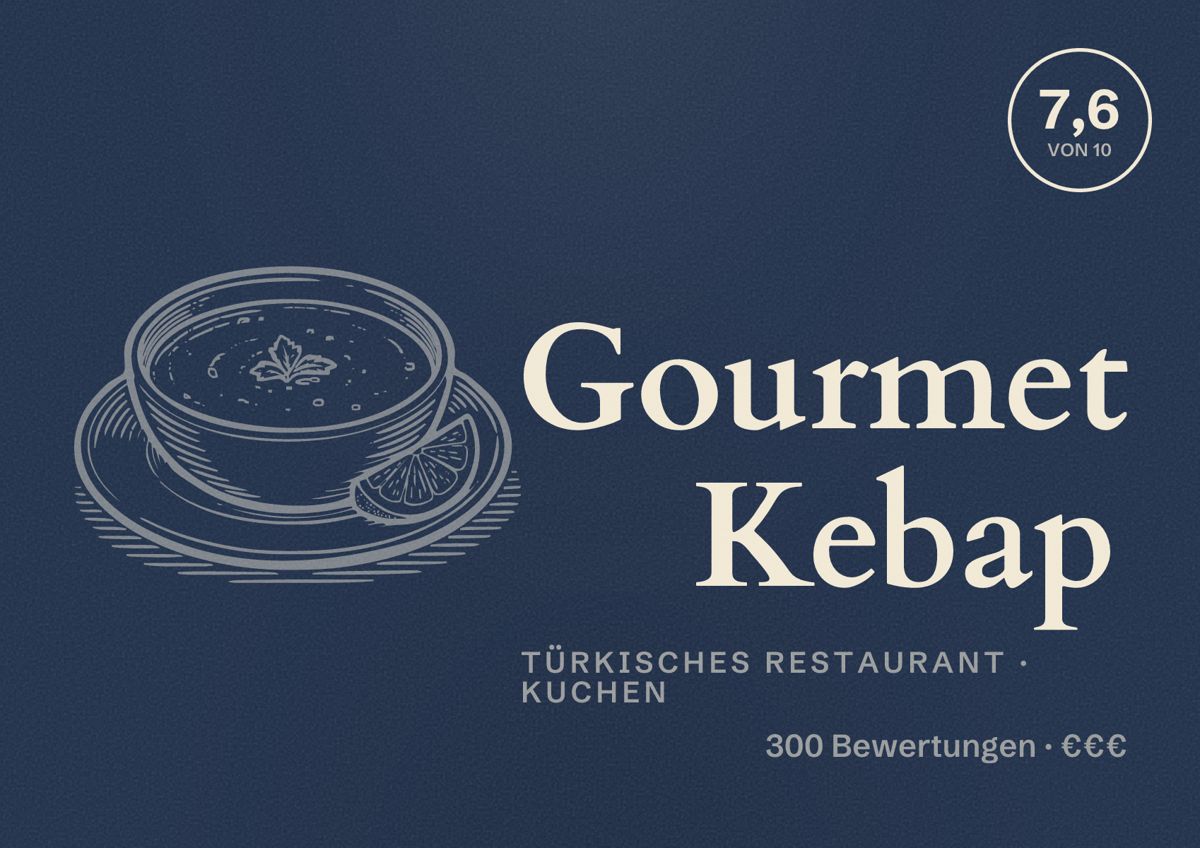 Illustriertes Poster von Gourmet Kebap, Türkisches Restaurant in Kuchen: Bewertung 7,6 von 10 aus 300 Bewertungen, Preisniveau €€€