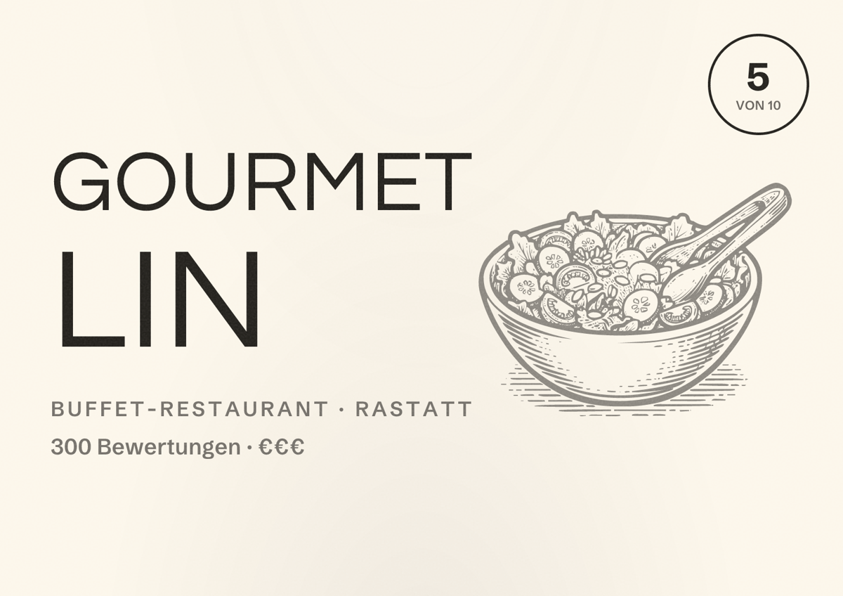 Illustriertes Poster von Gourmet Lin, Buffet-Restaurant in Rastatt: Bewertung 5 von 10 aus 300 Bewertungen, Preisniveau €€€