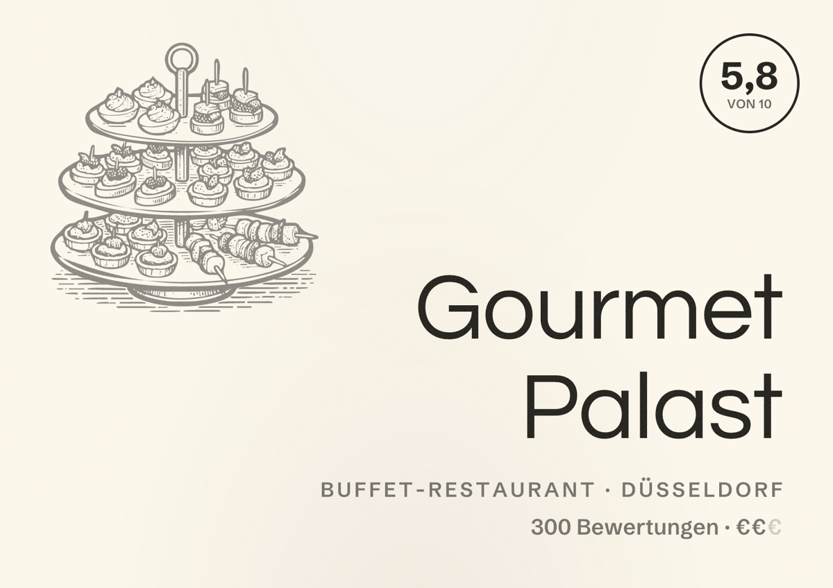 Illustriertes Poster von Gourmet Palast, Buffet-Restaurant in Düsseldorf: Bewertung 5,8 von 10 aus 300 Bewertungen, Preisniveau €€