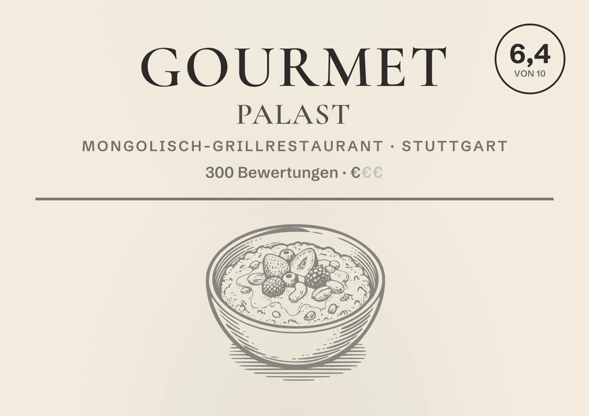 Illustriertes Poster von Gourmet Palast, Mongolisch-Grillrestaurant in Stuttgart: Bewertung 6,4 von 10 aus 300 Bewertungen, Preisniveau €