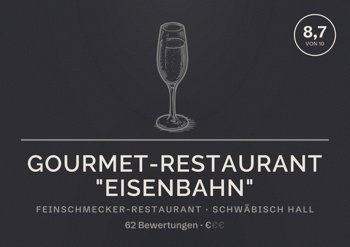 Illustriertes Poster von Gourmet-Restaurant "Eisenbahn", Feinschmecker-Restaurant in Schwäbisch Hall: Bewertung 8,7 von 10 aus 62 Bewertungen, Preisniveau €