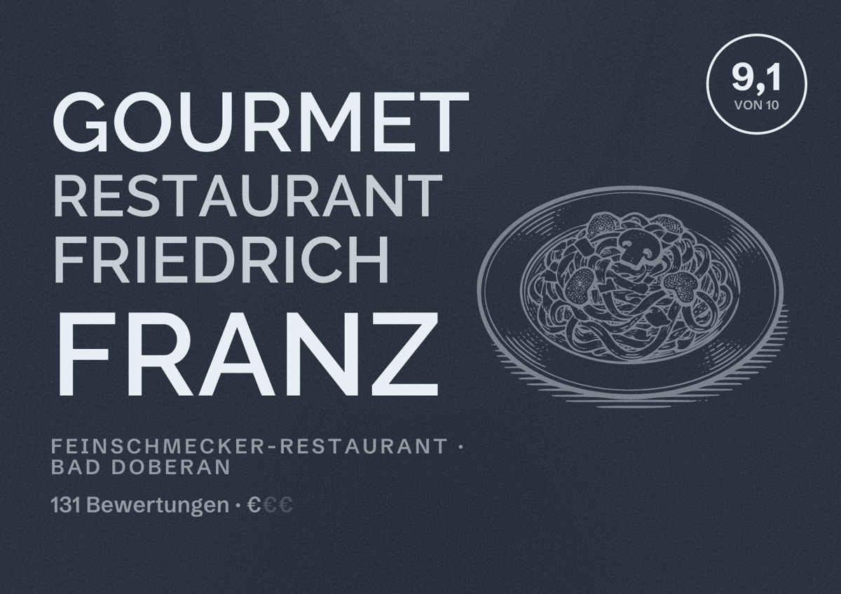 Illustriertes Poster von Gourmet Restaurant Friedrich Franz, Feinschmecker-Restaurant in Bad Doberan: Bewertung 9,1 von 10 aus 131 Bewertungen, Preisniveau €