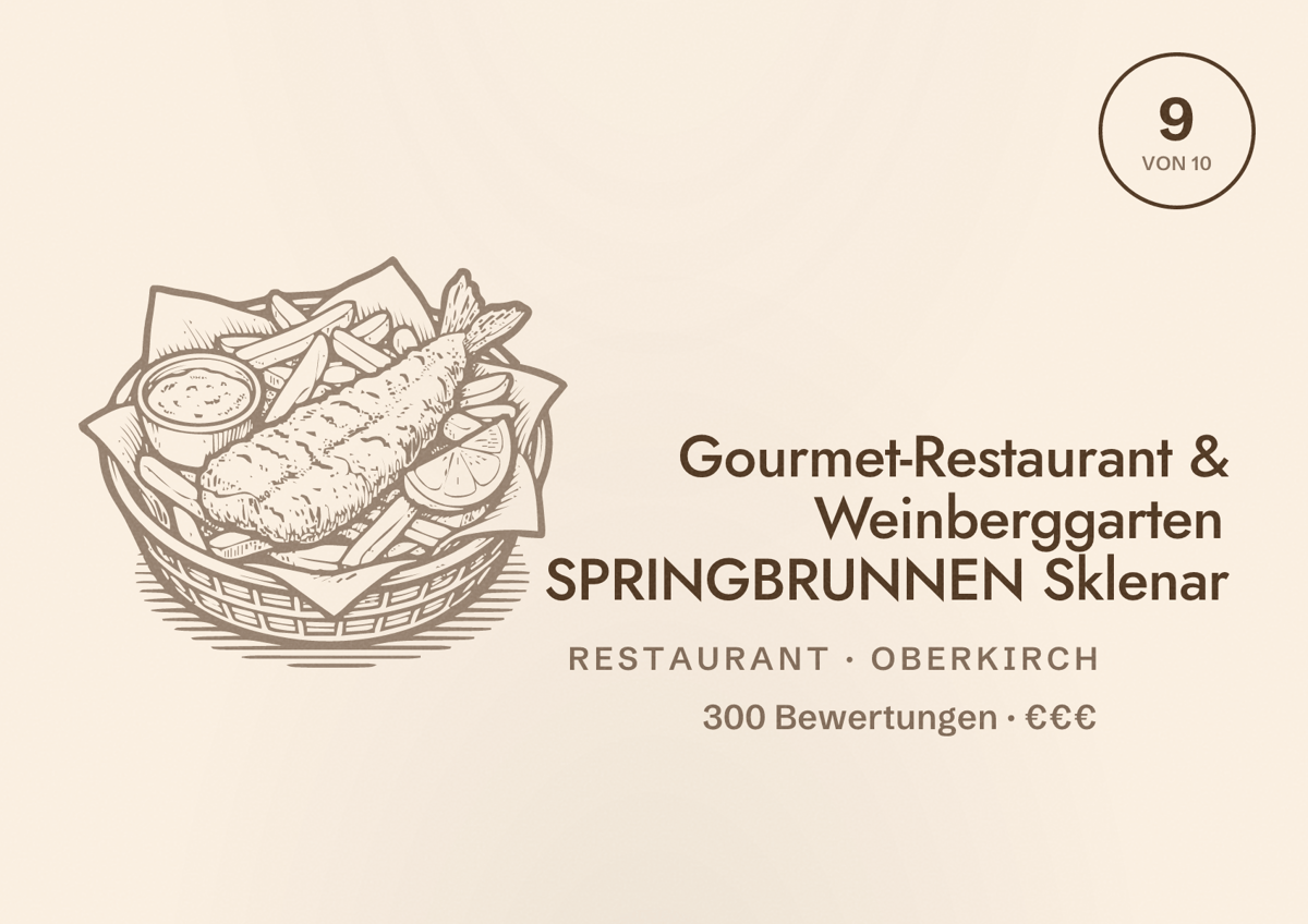 Illustriertes Poster von Gourmet-Restaurant & Weinberggarten SPRINGBRUNNEN Sklenar, Restaurant in Oberkirch: Bewertung 9 von 10 aus 300 Bewertungen, Preisniveau €€€