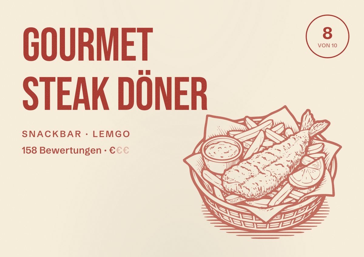 Illustriertes Poster von Gourmet Steak Döner, Snackbar in Lemgo: Bewertung 8 von 10 aus 158 Bewertungen, Preisniveau €