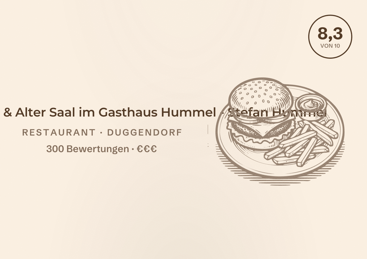 Illustriertes Poster von Gourmet Stube & Alter Saal im Gasthaus Hummel - Stefan Hummel, Restaurant in Duggendorf: Bewertung 8,3 von 10 aus 300 Bewertungen, Preisniveau €€€