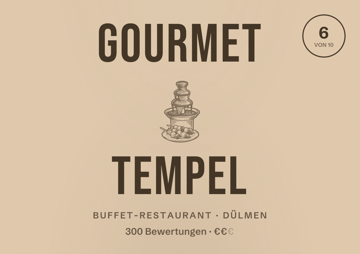 Illustriertes Poster von Gourmet Tempel, Buffet-Restaurant in Dülmen: Bewertung 6 von 10 aus 300 Bewertungen, Preisniveau €€