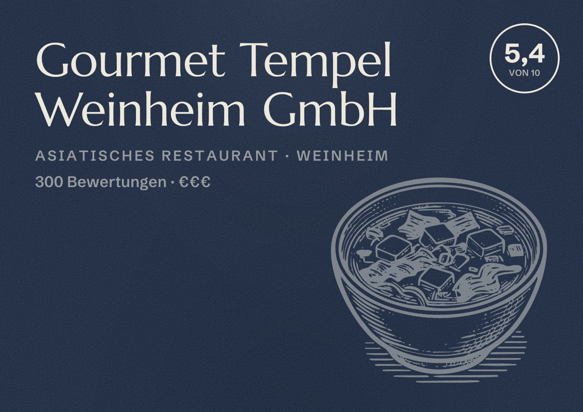 Illustriertes Poster von Gourmet Tempel Weinheim GmbH, Asiatisches Restaurant in Weinheim: Bewertung 5,4 von 10 aus 300 Bewertungen, Preisniveau €€€