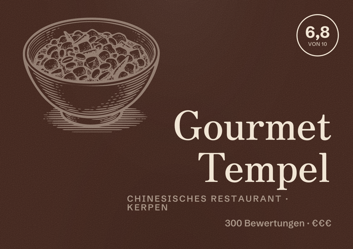 Illustriertes Poster von Gourmet Tempel, Chinesisches Restaurant in Kerpen: Bewertung 6,8 von 10 aus 300 Bewertungen, Preisniveau €€€