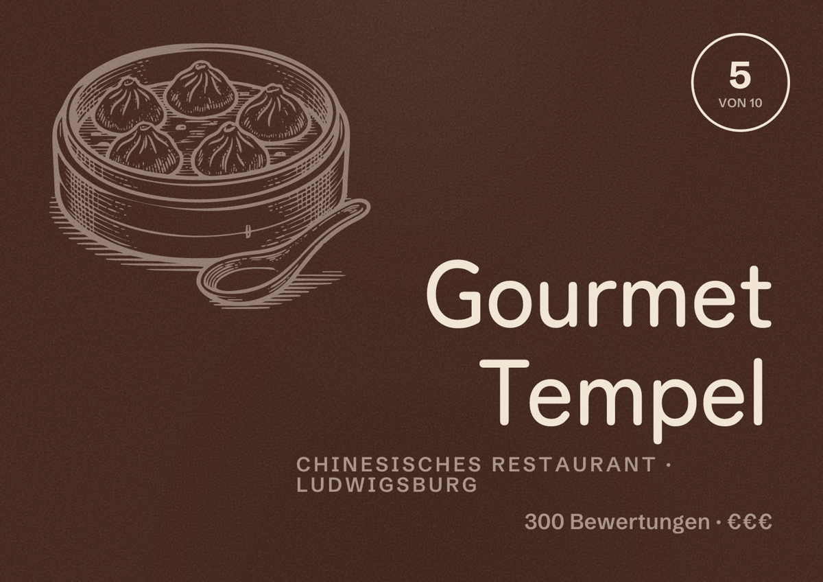 Illustriertes Poster von Gourmet Tempel, Chinesisches Restaurant in Ludwigsburg: Bewertung 5 von 10 aus 300 Bewertungen, Preisniveau €€€