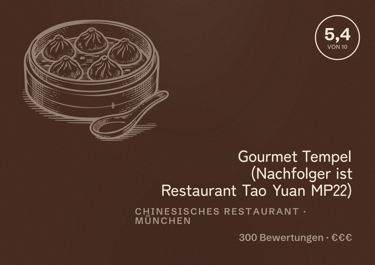 Illustriertes Poster von Gourmet Tempel (Nachfolger ist Restaurant Tao Yuan MP22), Chinesisches Restaurant in München: Bewertung 5,4 von 10 aus 300 Bewertungen, Preisniveau €€€