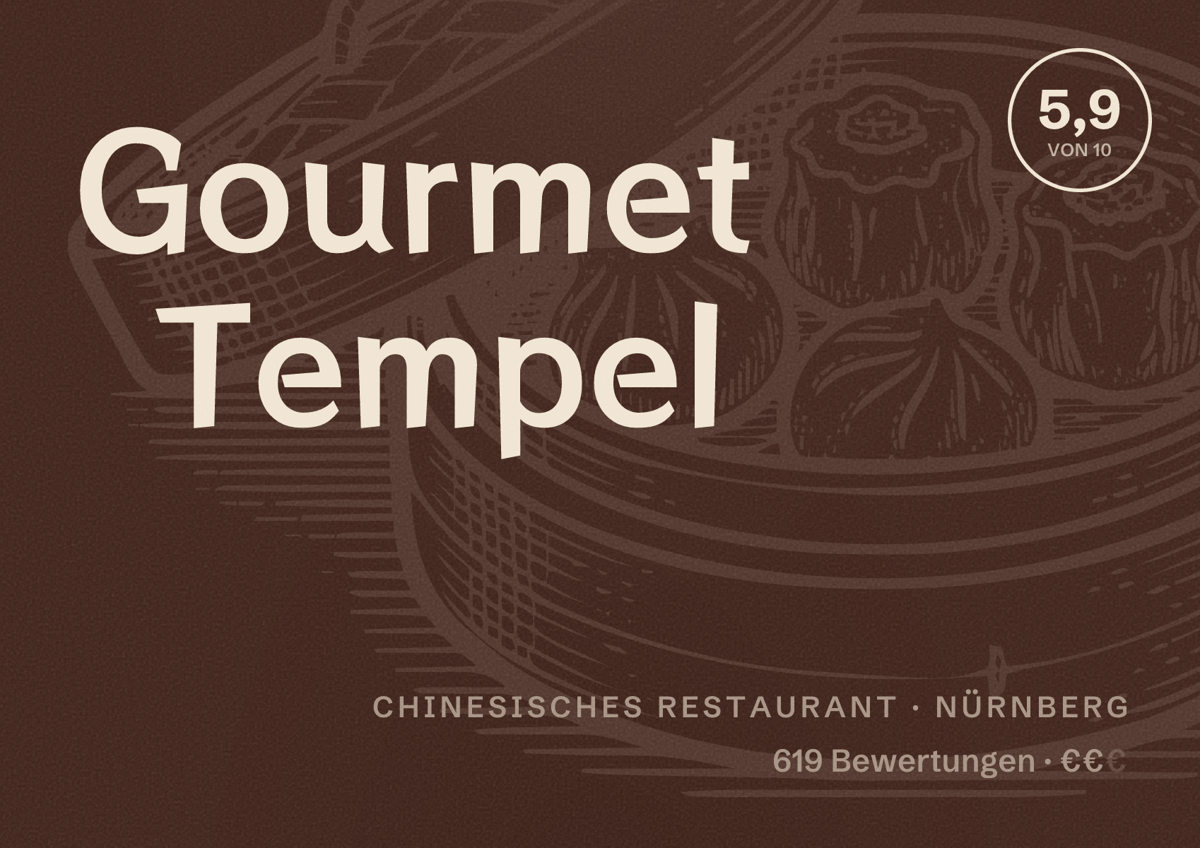 Illustriertes Poster von Gourmet Tempel, Chinesisches Restaurant in Nürnberg: Bewertung 5,9 von 10 aus 619 Bewertungen, Preisniveau €€