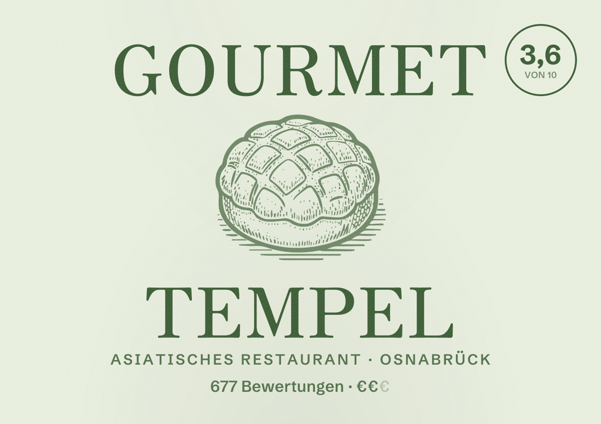 Illustriertes Poster von Gourmet Tempel, Asiatisches Restaurant in Osnabrück: Bewertung 3,6 von 10 aus 677 Bewertungen, Preisniveau €€