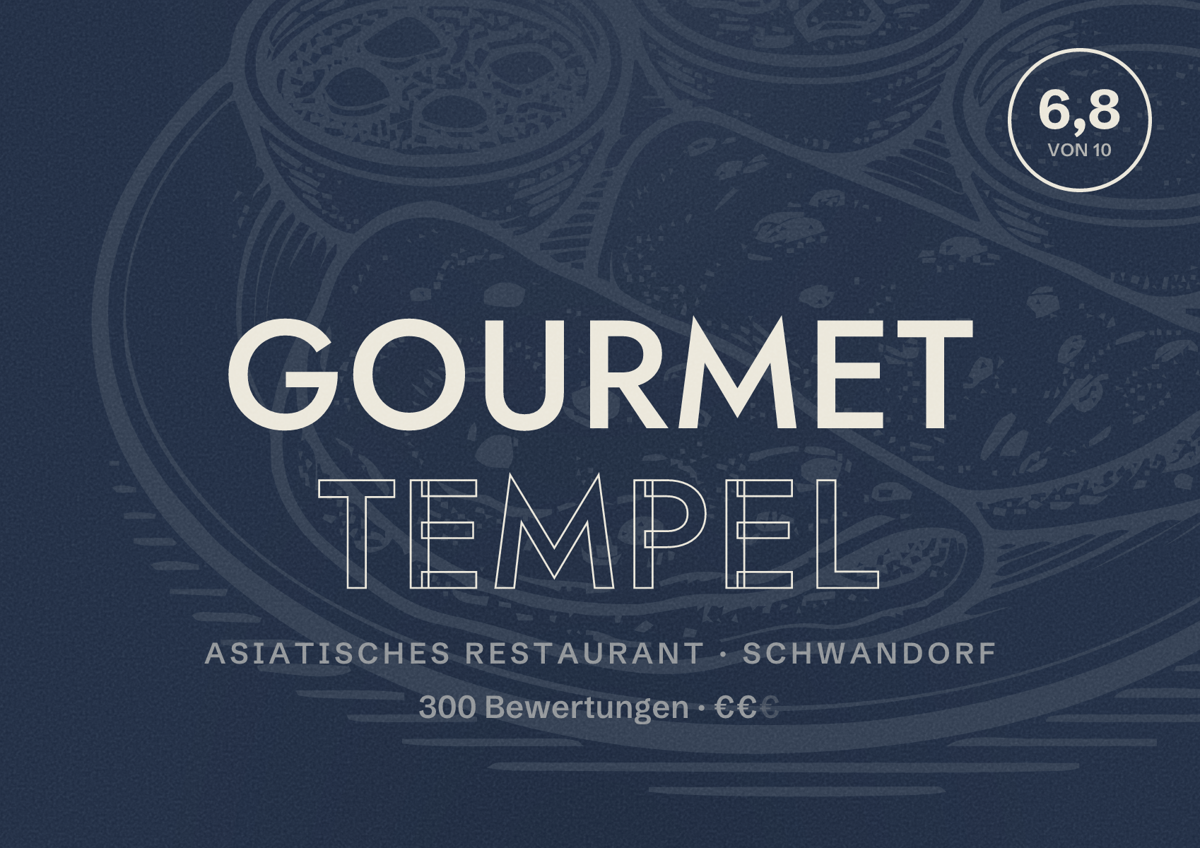 Illustriertes Poster von Gourmet Tempel, Asiatisches Restaurant in Schwandorf: Bewertung 6,8 von 10 aus 300 Bewertungen, Preisniveau €€