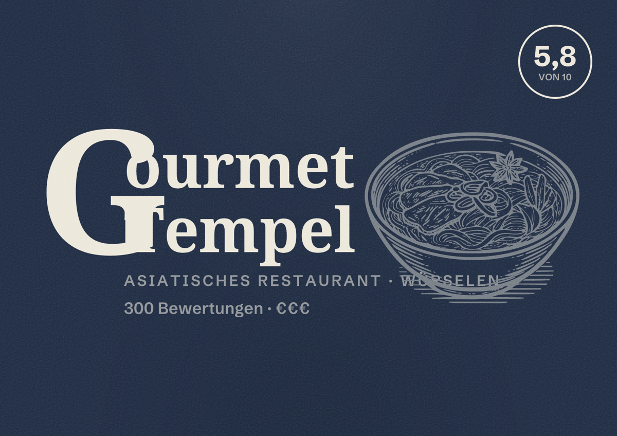 Illustriertes Poster von Gourmet Tempel, Asiatisches Restaurant in Würselen: Bewertung 5,8 von 10 aus 300 Bewertungen, Preisniveau €€€