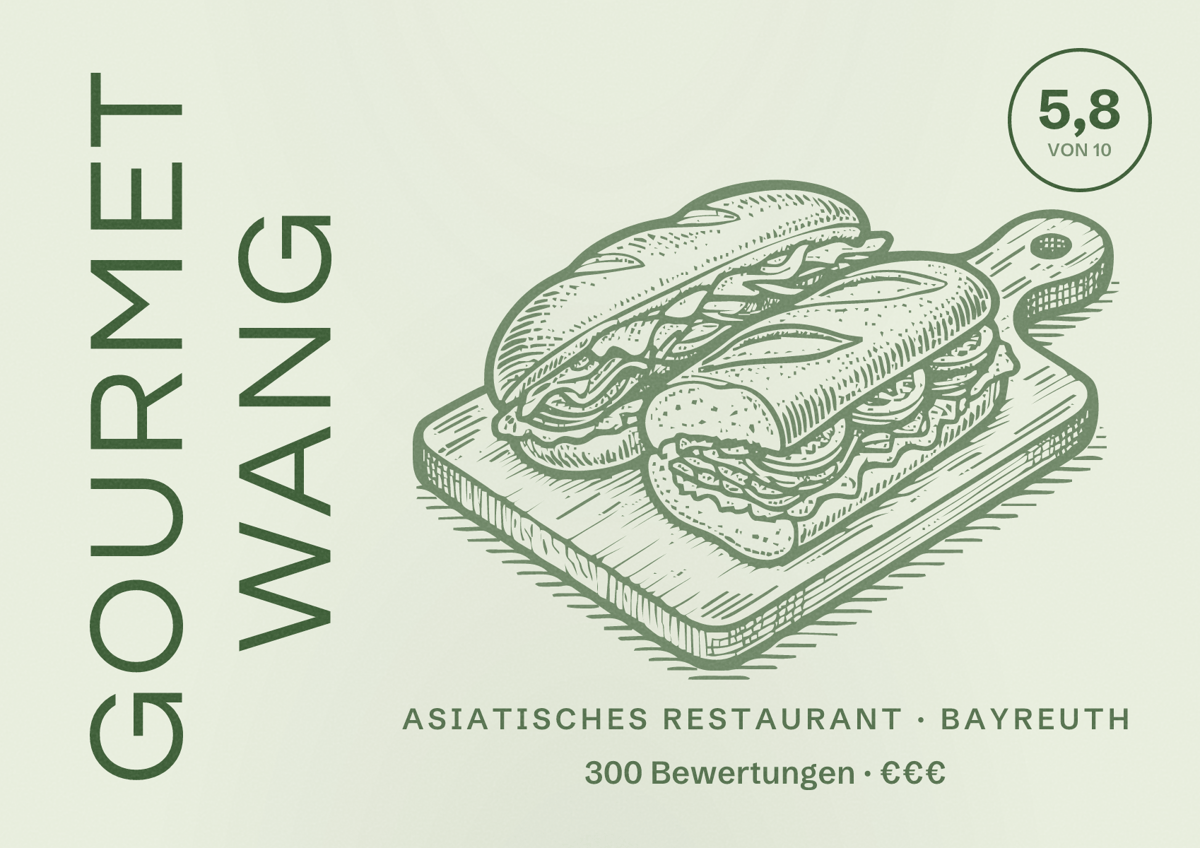 Illustriertes Poster von Gourmet Wang, Asiatisches Restaurant in Bayreuth: Bewertung 5,8 von 10 aus 300 Bewertungen, Preisniveau €€€