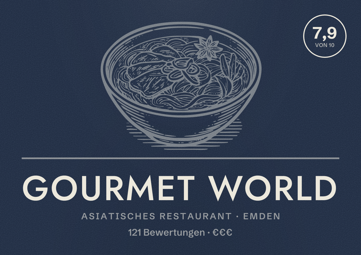 Illustriertes Poster von Gourmet World, Asiatisches Restaurant in Emden: Bewertung 7,9 von 10 aus 121 Bewertungen, Preisniveau €€€