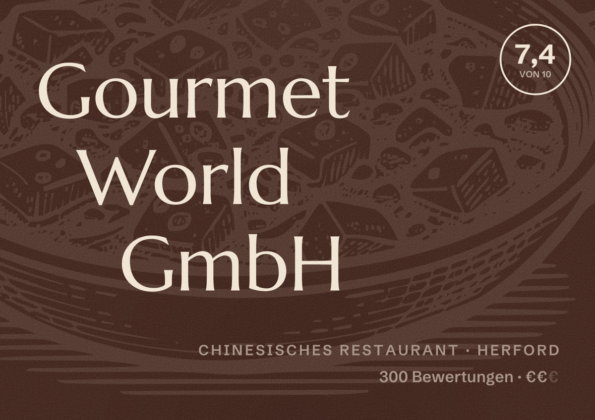 Illustriertes Poster von Gourmet World GmbH, Chinesisches Restaurant in Herford: Bewertung 7,4 von 10 aus 300 Bewertungen, Preisniveau €€