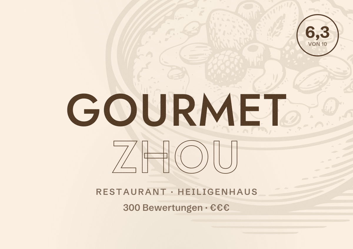 Illustriertes Poster von Gourmet Zhou, Restaurant in Heiligenhaus: Bewertung 6,3 von 10 aus 300 Bewertungen, Preisniveau €€€
