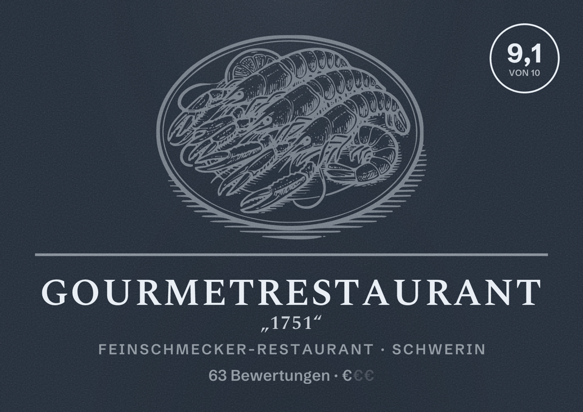 Illustriertes Poster von Gourmetrestaurant „1751“, Feinschmecker-Restaurant in Schwerin: Bewertung 9,1 von 10 aus 63 Bewertungen, Preisniveau €