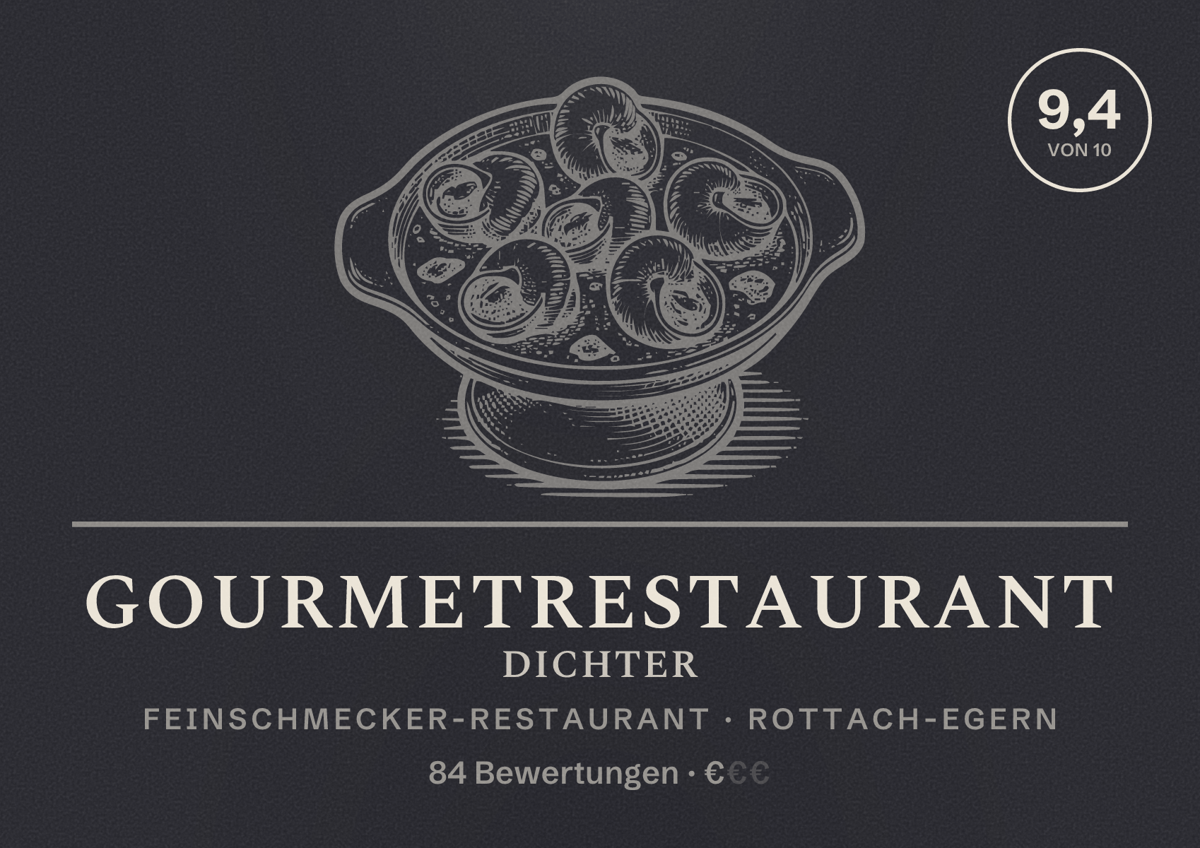 Illustriertes Poster von Gourmetrestaurant Dichter, Feinschmecker-Restaurant in Rottach-Egern: Bewertung 9,4 von 10 aus 84 Bewertungen, Preisniveau €