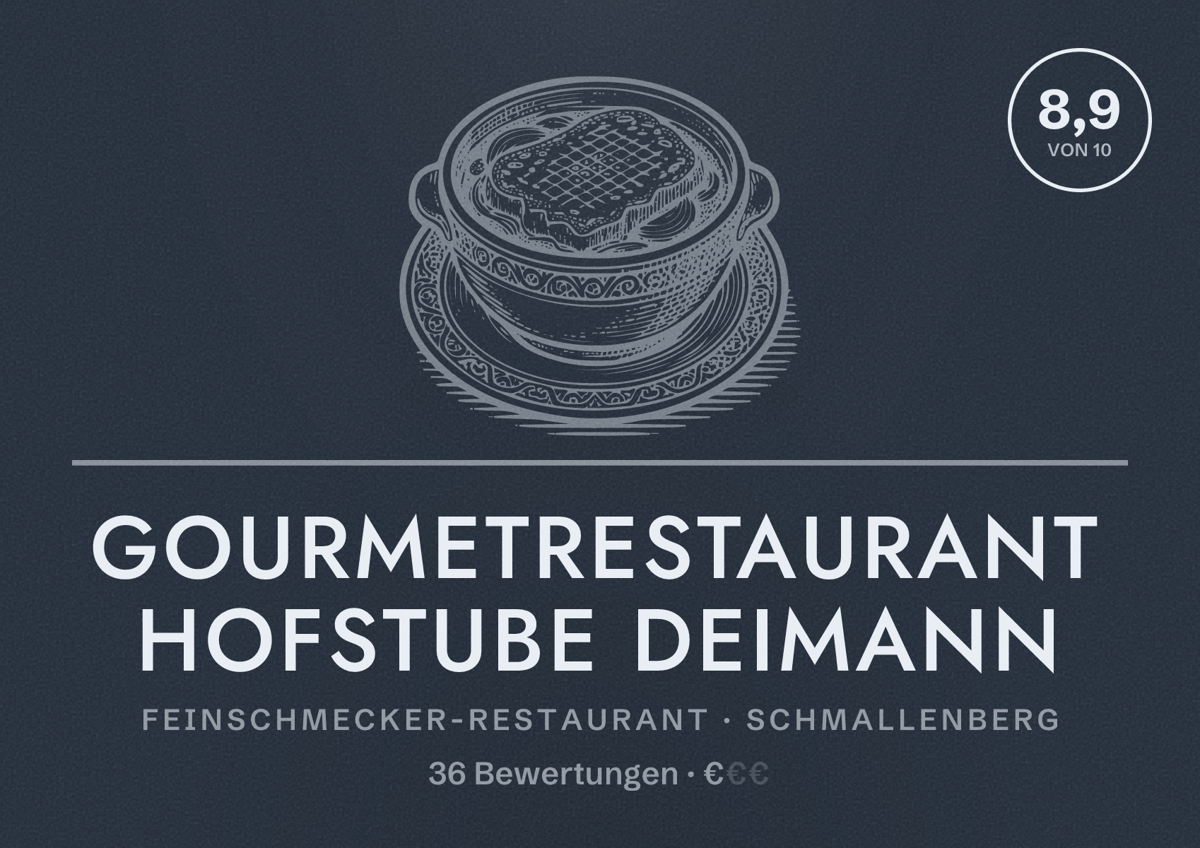 Illustriertes Poster von Gourmetrestaurant Hofstube Deimann, Feinschmecker-Restaurant in Schmallenberg: Bewertung 8,9 von 10 aus 36 Bewertungen, Preisniveau €