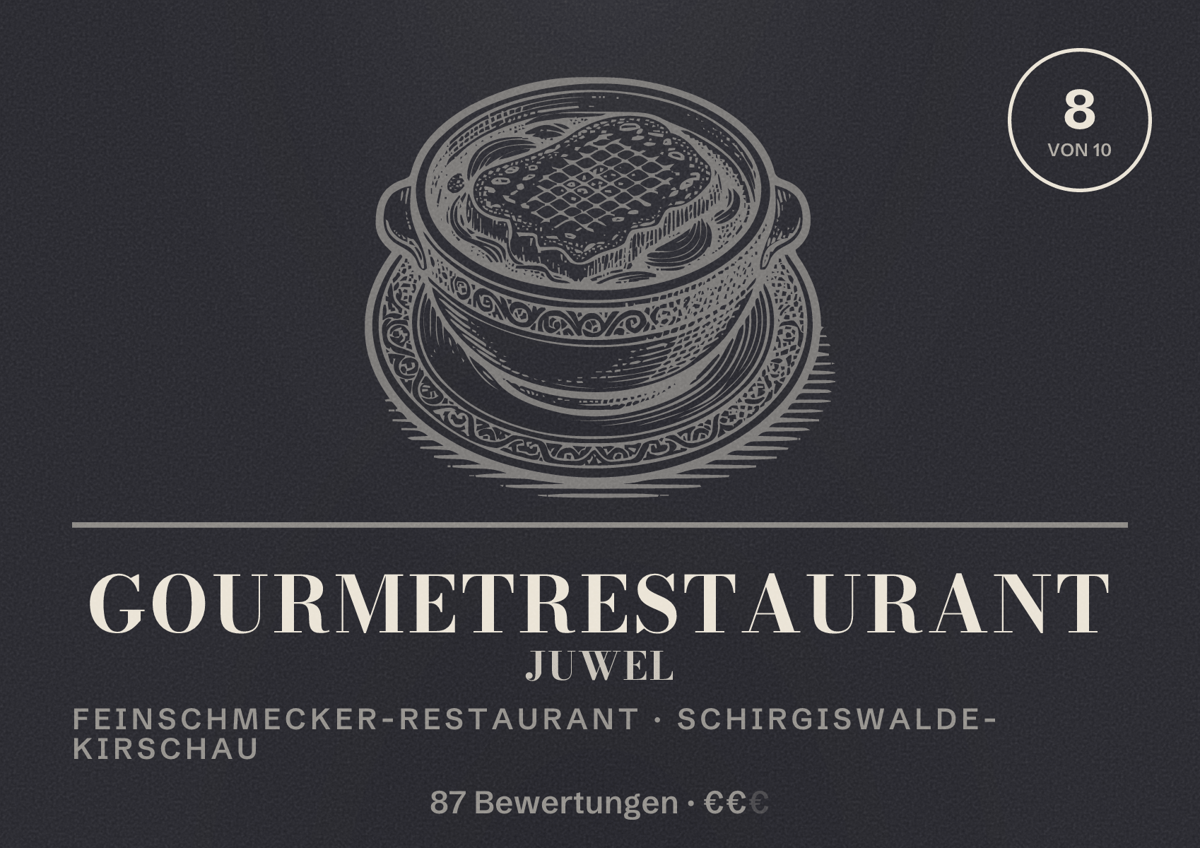 Illustriertes Poster von Gourmetrestaurant JUWEL, Feinschmecker-Restaurant in Schirgiswalde-Kirschau: Bewertung 8 von 10 aus 87 Bewertungen, Preisniveau €€