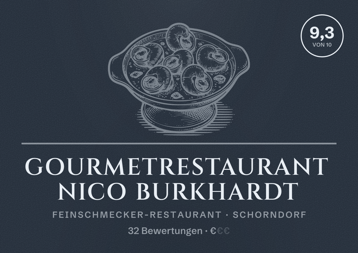 Illustriertes Poster von Gourmetrestaurant Nico Burkhardt, Feinschmecker-Restaurant in Schorndorf: Bewertung 9,3 von 10 aus 32 Bewertungen, Preisniveau €