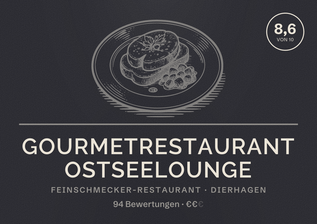 Illustriertes Poster von Gourmetrestaurant Ostseelounge, Feinschmecker-Restaurant in Dierhagen: Bewertung 8,6 von 10 aus 94 Bewertungen, Preisniveau €€