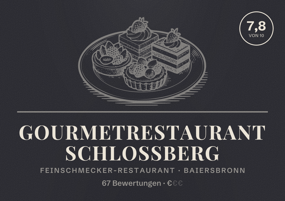 Illustriertes Poster von Gourmetrestaurant Schlossberg, Feinschmecker-Restaurant in Baiersbronn: Bewertung 7,8 von 10 aus 67 Bewertungen, Preisniveau €