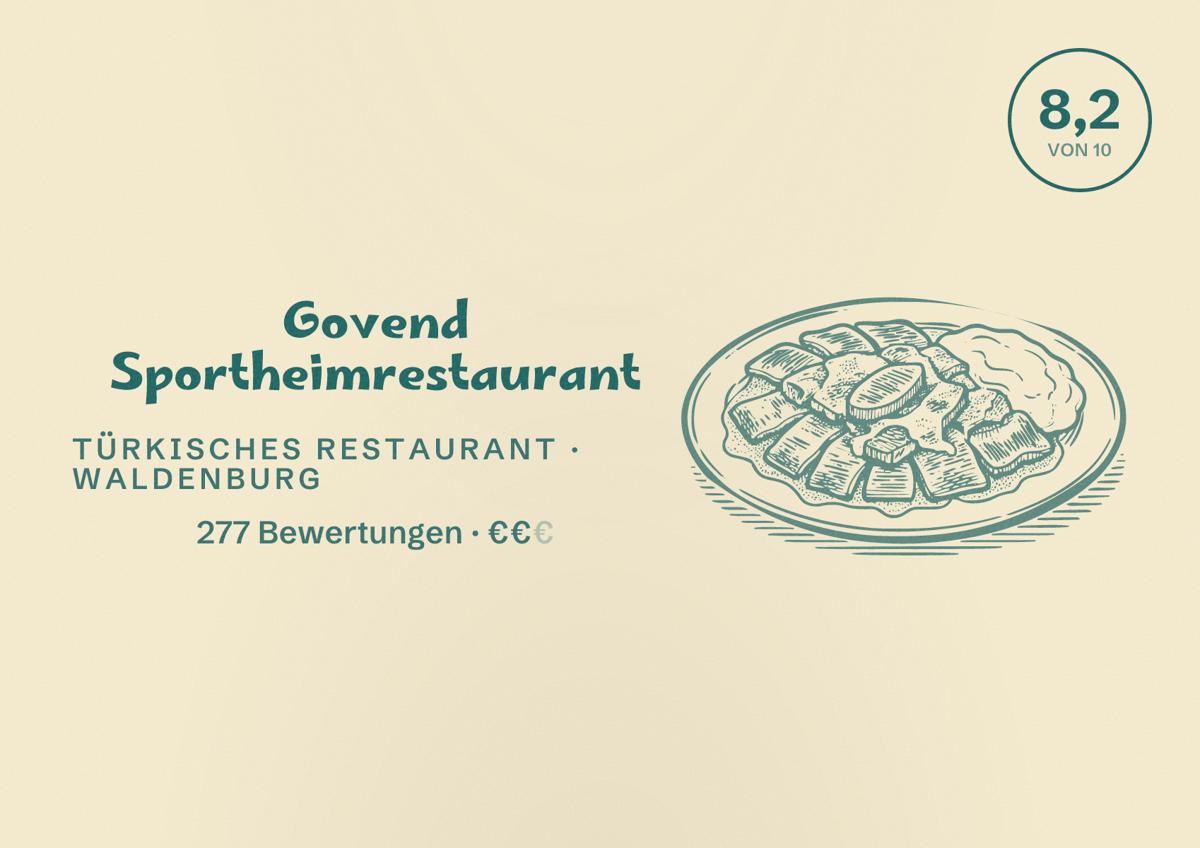 Illustriertes Poster von Govend Sportheimrestaurant, Türkisches Restaurant in Waldenburg: Bewertung 8,2 von 10 aus 277 Bewertungen, Preisniveau €€