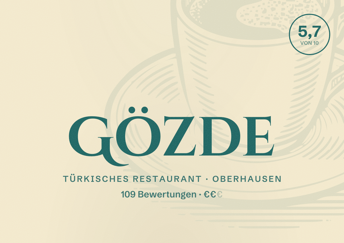 Illustriertes Poster von Gözde, Türkisches Restaurant in Oberhausen: Bewertung 5,7 von 10 aus 109 Bewertungen, Preisniveau €€
